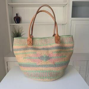 Vintage Jute Sisal Leather Handle Southwest Market Tote Bag